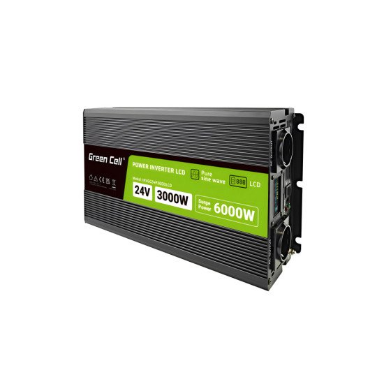 Green Cell Przetwornica napicia PowerInverter LCD 24 V 3000W/60000W Przetwornica samochodowa z wywietlaczem - czysty sinus adaptateur de puissance & onduleur Auto Noir