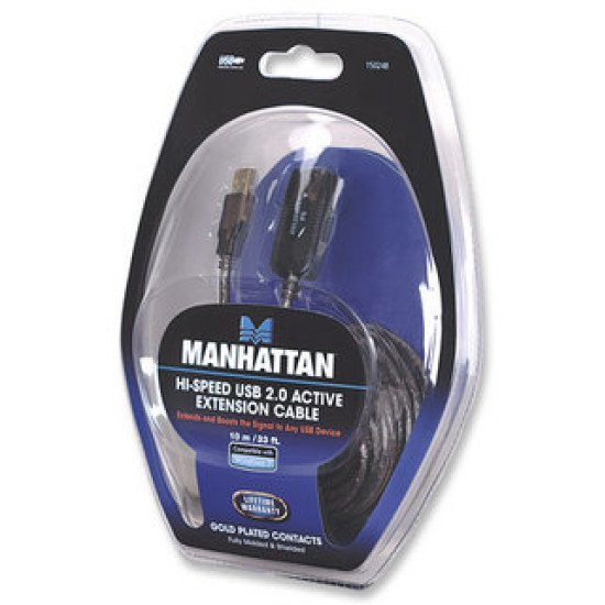 Manhattan Rallonge USB-A active, 10 m, mâle vers femelle, 480 Mbit/s (USB 2.0), chaînable, répéteur intégré, noir, garantie 3 ans, équivalent à USB2AAEXT10M